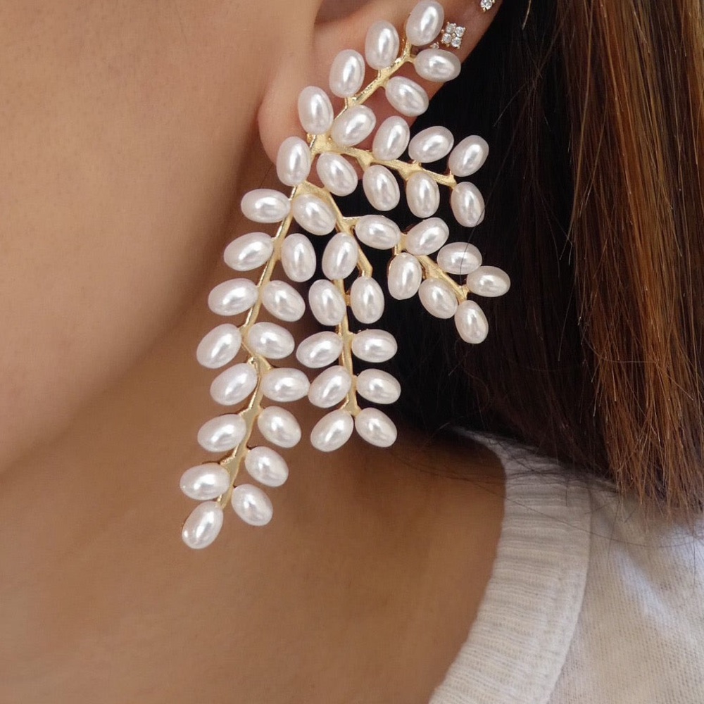 Avara Diane Gold Pearl Bead Vine Leaf Earrings